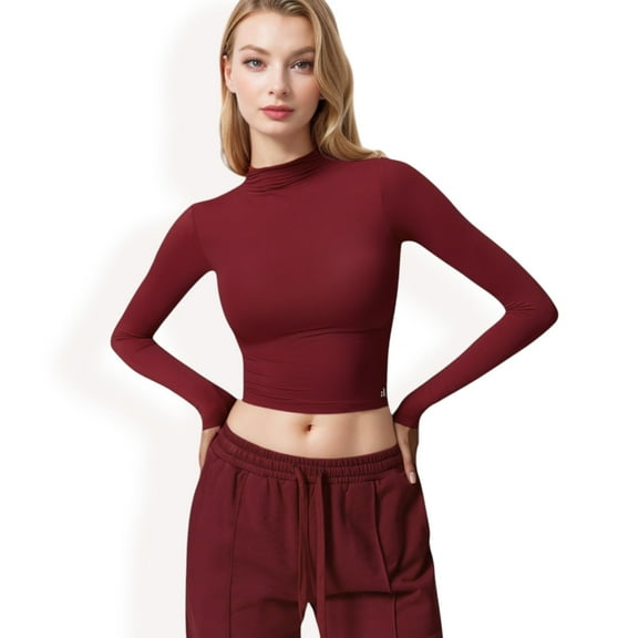 Women's Long Sleeve Mock Neck Cropped Activewear Top - Medium, Burgundy