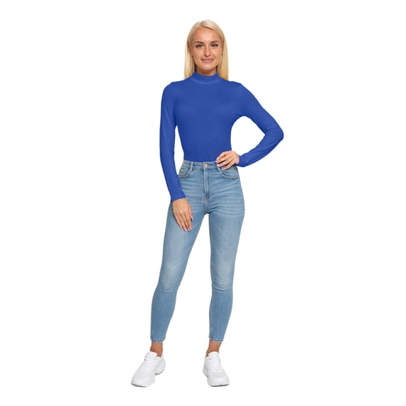 Women's Long Sleeve Mock Neck Jumpsuit Bodysuit, L, Navy Blue, by Ambesonne