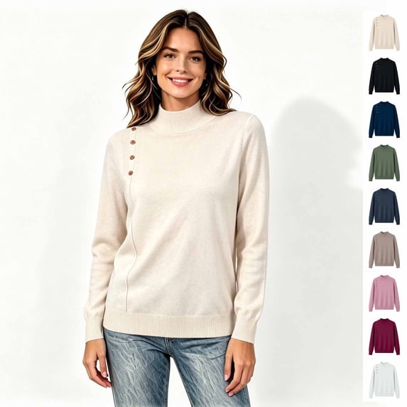 Women’s Long Sleeve Mock Neck Pullover Tops, Shoulder Button Detail Fall Winter Sweatshirt Top,Sizes M-2XL