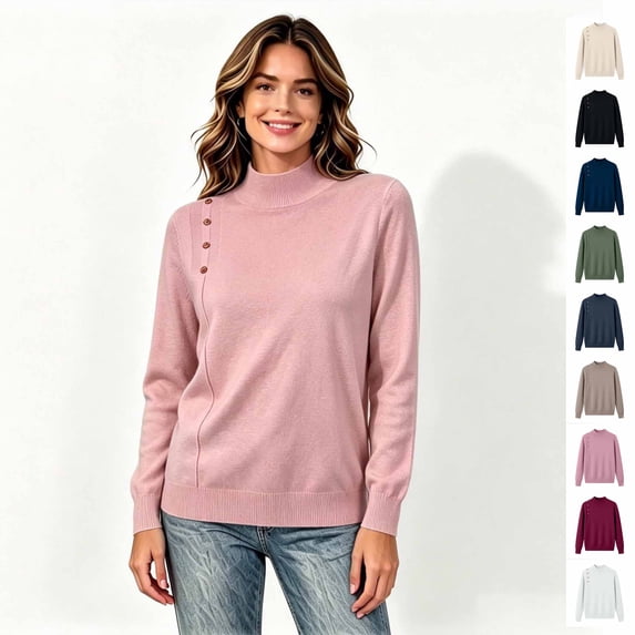 Women’s Long Sleeve Mock Neck Pullover Tops, Shoulder Button Detail Fall Winter Sweatshirt Top,Sizes M-2XL