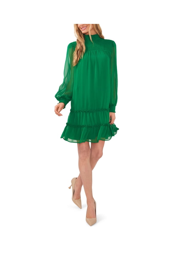 Women's Long Sleeve Mock-Neck Ruffle Hem Dress Lush Green M