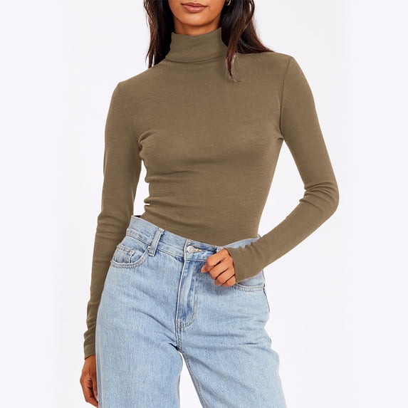 Women's Long Sleeve Mock Neck Shirts Basic Slim Fitted T-shirt Fashion Dressy Turtle Neck Tops Going Out Clothes Coffee XXXXL