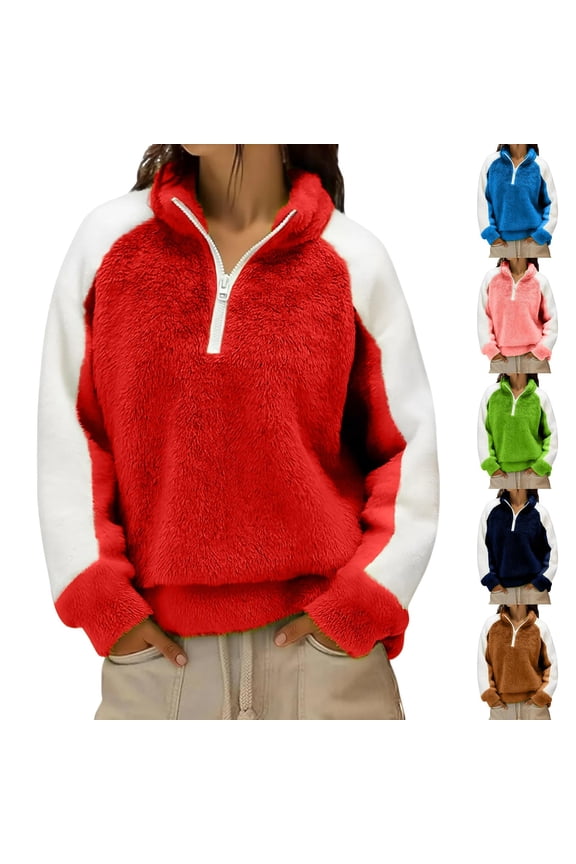 Women's Long Sleeve Mock Neck Zipper Blouse Tops Shirts S Solid Color Casual Loose Fit Fall Winter Work Office Travel Outfits Fashion Essential Gift for Women | CSEONE,Red XL