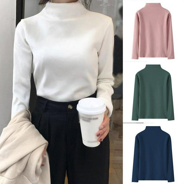 Women's Long Sleeve Mock Turtleneck T-Shirt, Solid Color Slim