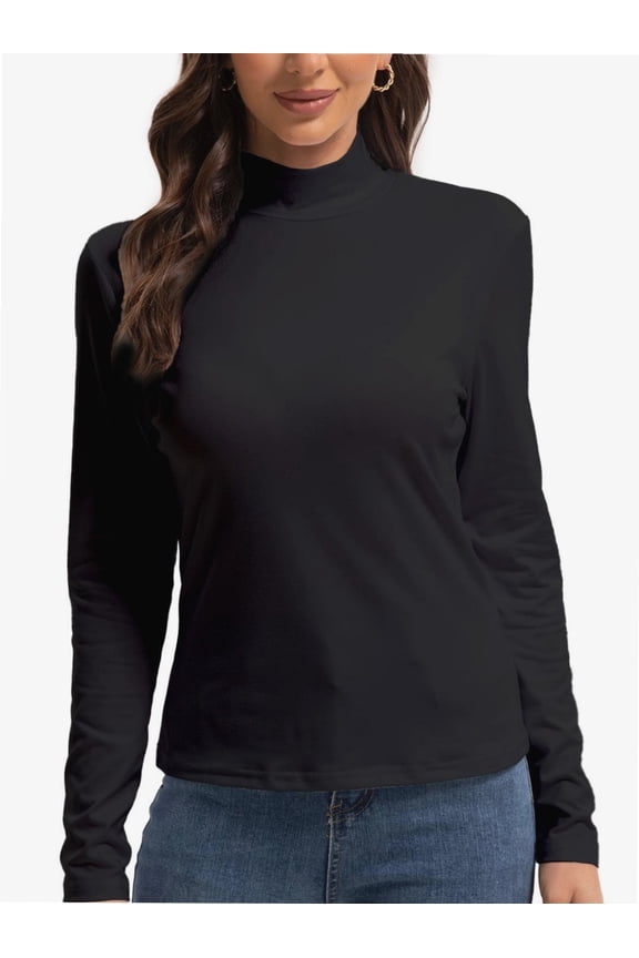 Women's Long Sleeve Mock Turtleneck Tops Casual Slim Fitted Lightweight Under Layer Pullover Shirts