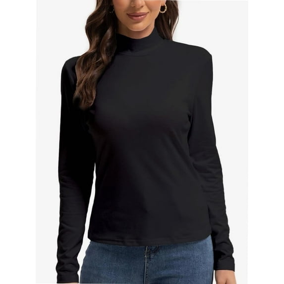 Women's Long Sleeve Mock Turtleneck Tops Casual Slim Fitted Lightweight Under Layer Pullover Shirts