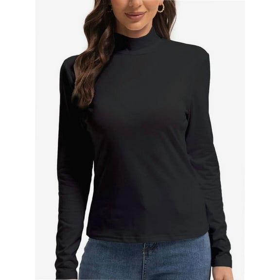 Women's Long Sleeve Mock Turtleneck Tops Casual Slim Fitted Lightweight Under Layer Pullover Shirts