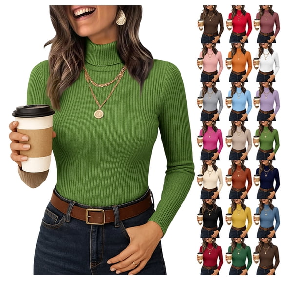 Women's Long Sleeve Mock Turtleneck Tops Ribbed Shirts Fleece Soft Thermal Undershirts Tee Green S