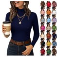 thumbnail image 1 of Women's Long Sleeve Mock Turtleneck Tops Ribbed Shirts Fleece Soft Thermal Undershirts Tee Navy L, 1 of 6