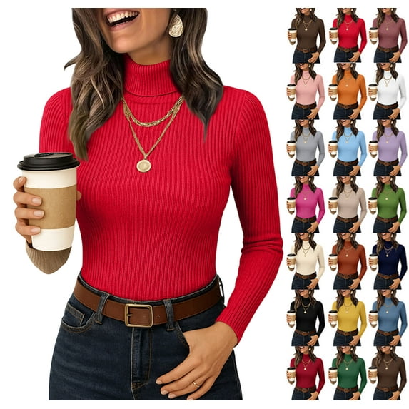 Women's Long Sleeve Mock Turtleneck Tops Ribbed Shirts Fleece Soft Thermal Undershirts Tee Red S