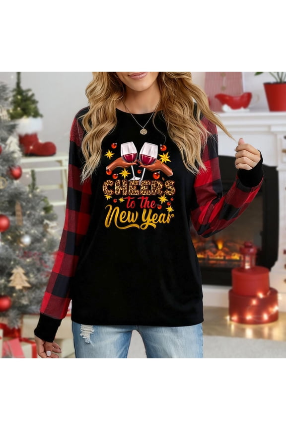 Women's Long Sleeve New Year Top, "Cheers To The New Year" Wine Glass & Leopard Print Graphic Plaid Raglan Sweatshirt