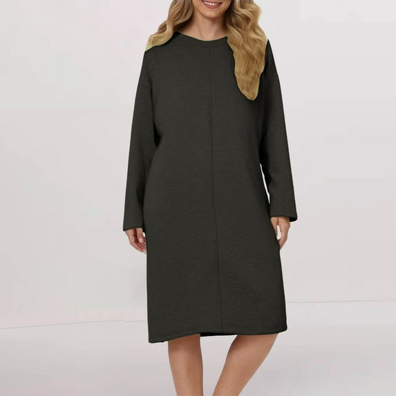 Women's Long Sleeve Nightgown, Brushed Plush Sleepwear, Round Neck Lounge Dress, Soft Home Nightdress, Plus Size Sleepwear, Cozy Loungewear, Cold Weather Pajama Dress - Black