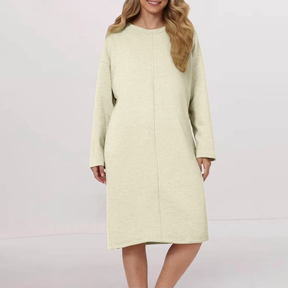 Women's Long Sleeve Nightgown, Brushed Plush Sleepwear, Round Neck Lounge Dress, Soft Home Nightdress, Plus Size Sleepwear, Cozy Loungewear, Cold Weather Pajama Dress - Beige