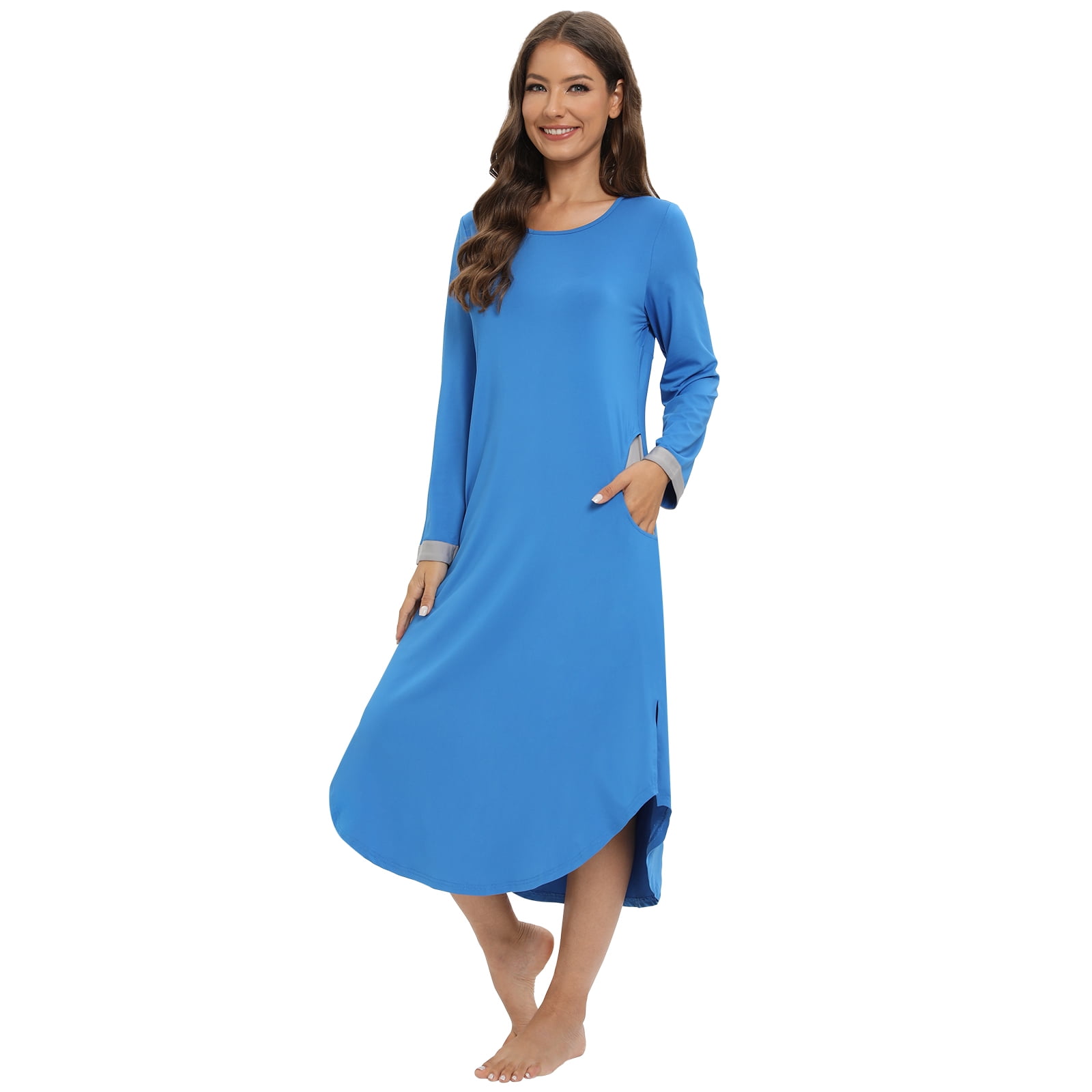 Women's Long Sleeve Nightgown FullLength House Dress Round Neck Side