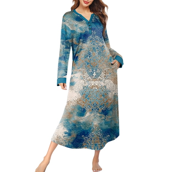 Women's Long Sleeve Nightgown Full Length Sleepwear Long Sleepshirts Henley Sleep Dress