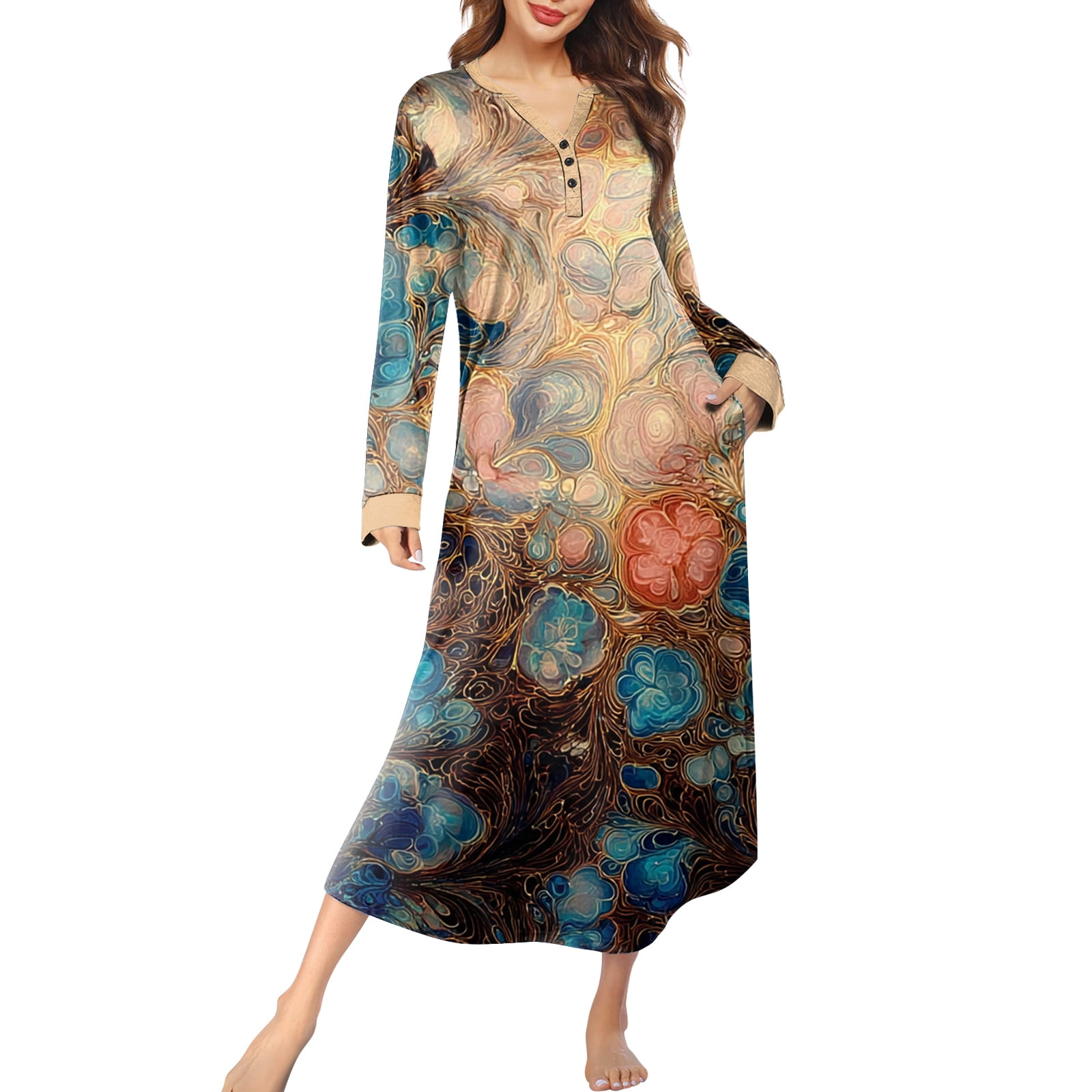 Women's Long Sleeve Nightgown Full Length Sleepwear Long Sleepshirts ...