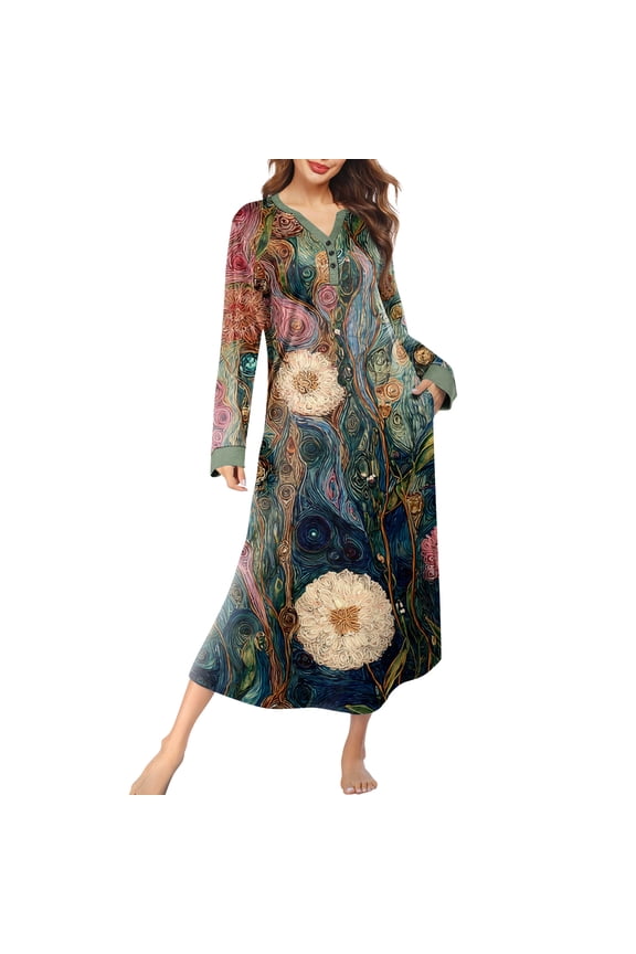 Women's Long Sleeve Nightgown Full Length Sleepwear Long Sleepshirts Henley Sleep Dress