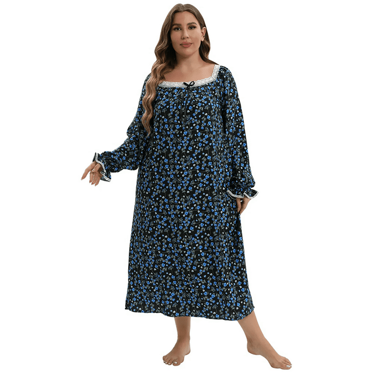 Women s Long Sleeve Nightgown Long Sleepshirts Floral Dress Full Length Sleepwear XL 5XL Walmart