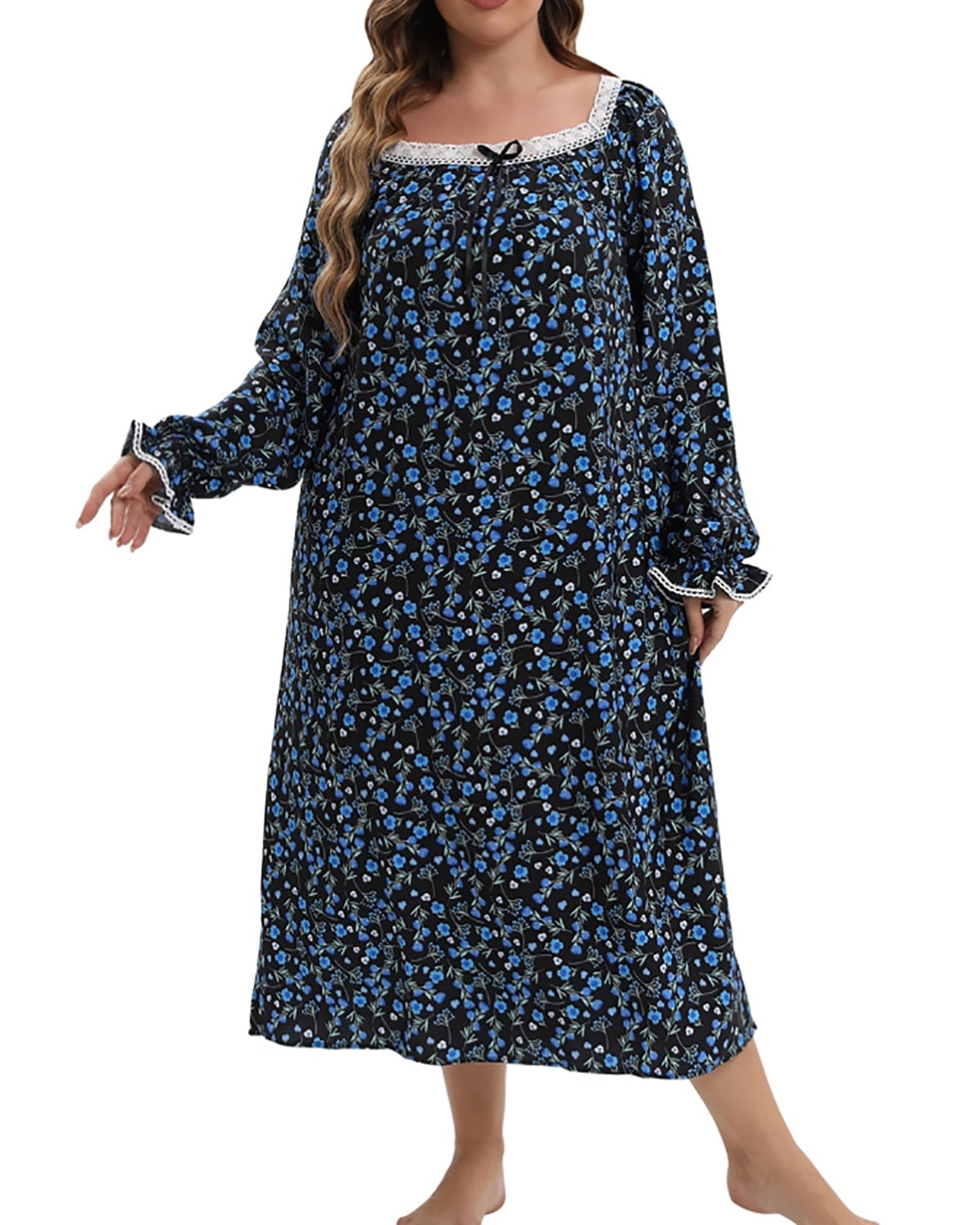 Women's Long Sleeve Nightgown Plus Size Long Sleepshirts Floral Sleep ...