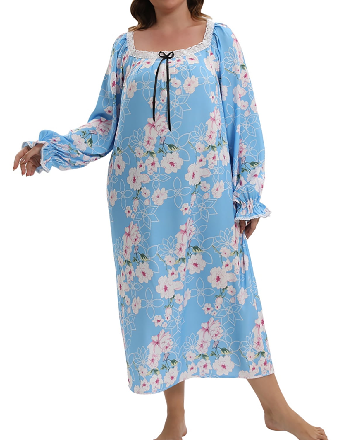 Women's Long Sleeve Nightgown Plus Size Long Sleepshirts Floral Sleep ...