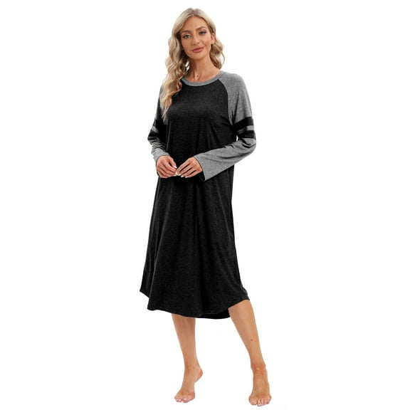 Women's Long Sleeve Nightgown Soft Nightshirt Raglan Sleeve Sleep Shirt Comfy Color Contrast Loungewear Sleepwear, S-2XL