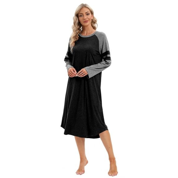 Women's Long Sleeve Nightgown Soft Nightshirt Raglan Sleeve Sleep Shirt Comfy Color Contrast Loungewear Sleepwear, S-2XL