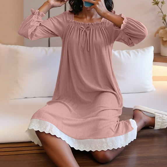 Women's Long Sleeve Nightgown Solid Color Square Neck Lace Trim Maxi Sleep Dress for Women Soft Comfy Lounge Nightwear, 2026 New Fashion Limited-time Offer
