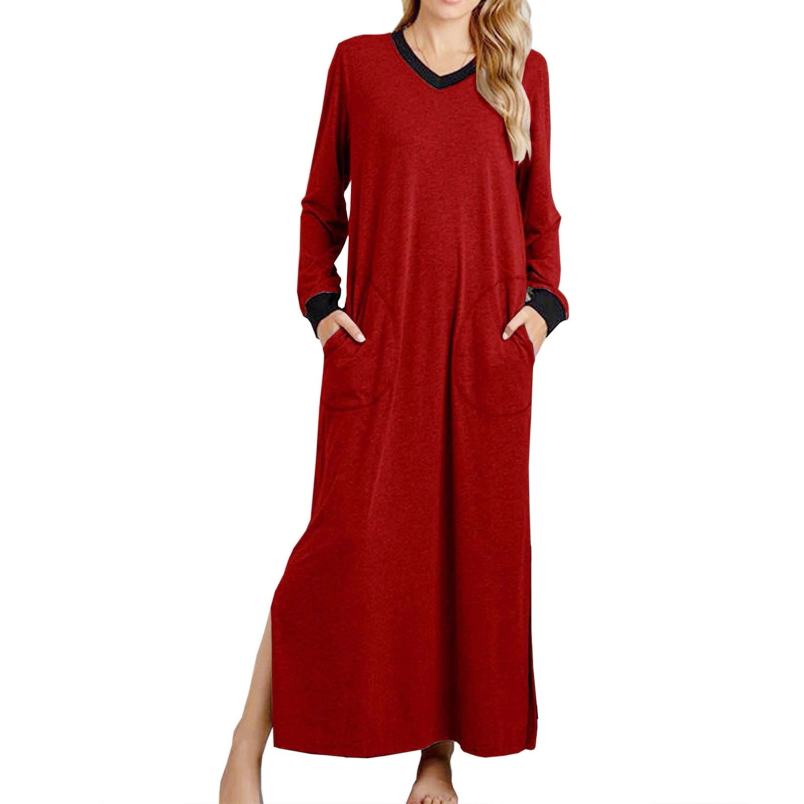 Women's Long Sleeve Nightgown V Neck Side Slit Nightdress Casual Loose