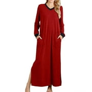 BESOLOR Women's Long Sleeve Nightgown V Neck Side Slit Nightdress Casual Loose Comfy Long Dresses Pajamas with Pockets
