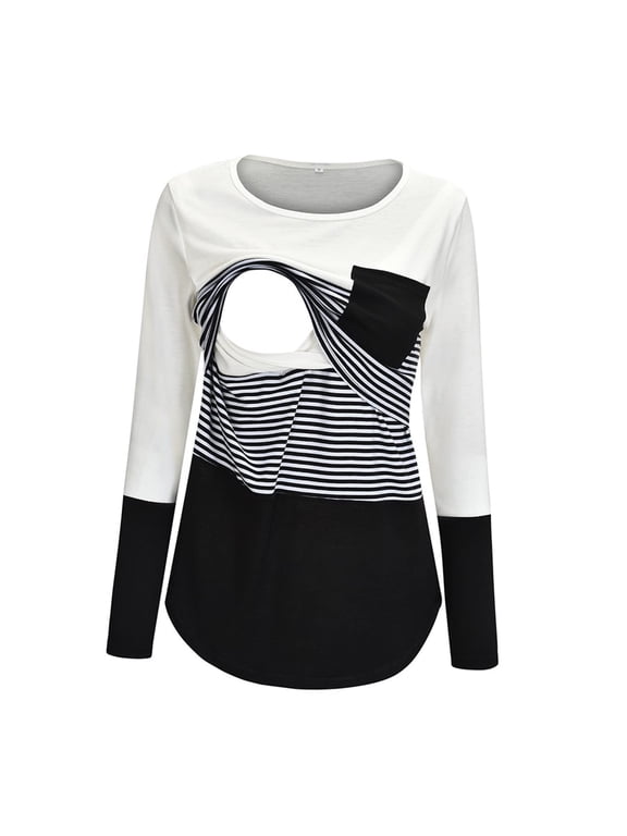 Women's Long Sleeve Nursing Tops Pregnancy Maternity Striped Breastfeeding T-Shirt Tunic Tee Top Blouse Black L