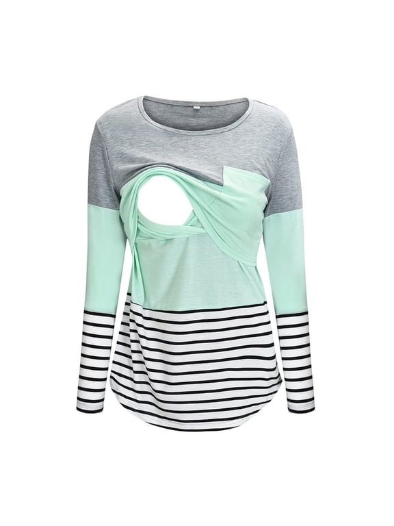 Women's Long Sleeve Nursing Tops Pregnancy Maternity Striped Breastfeeding T-Shirt Tunic Tee Top Blouse Gray L