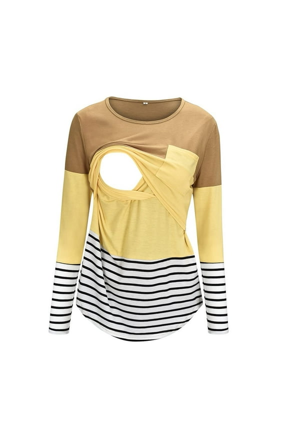 Women's Long Sleeve Nursing Tops Pregnancy Maternity Striped Breastfeeding T-Shirt Tunic Tee Top Blouse Yellow M