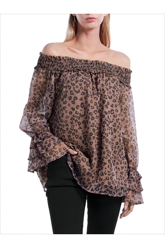 Women's Long Sleeve Off Shoulder Chiffon Tops Leopard Print Blouses