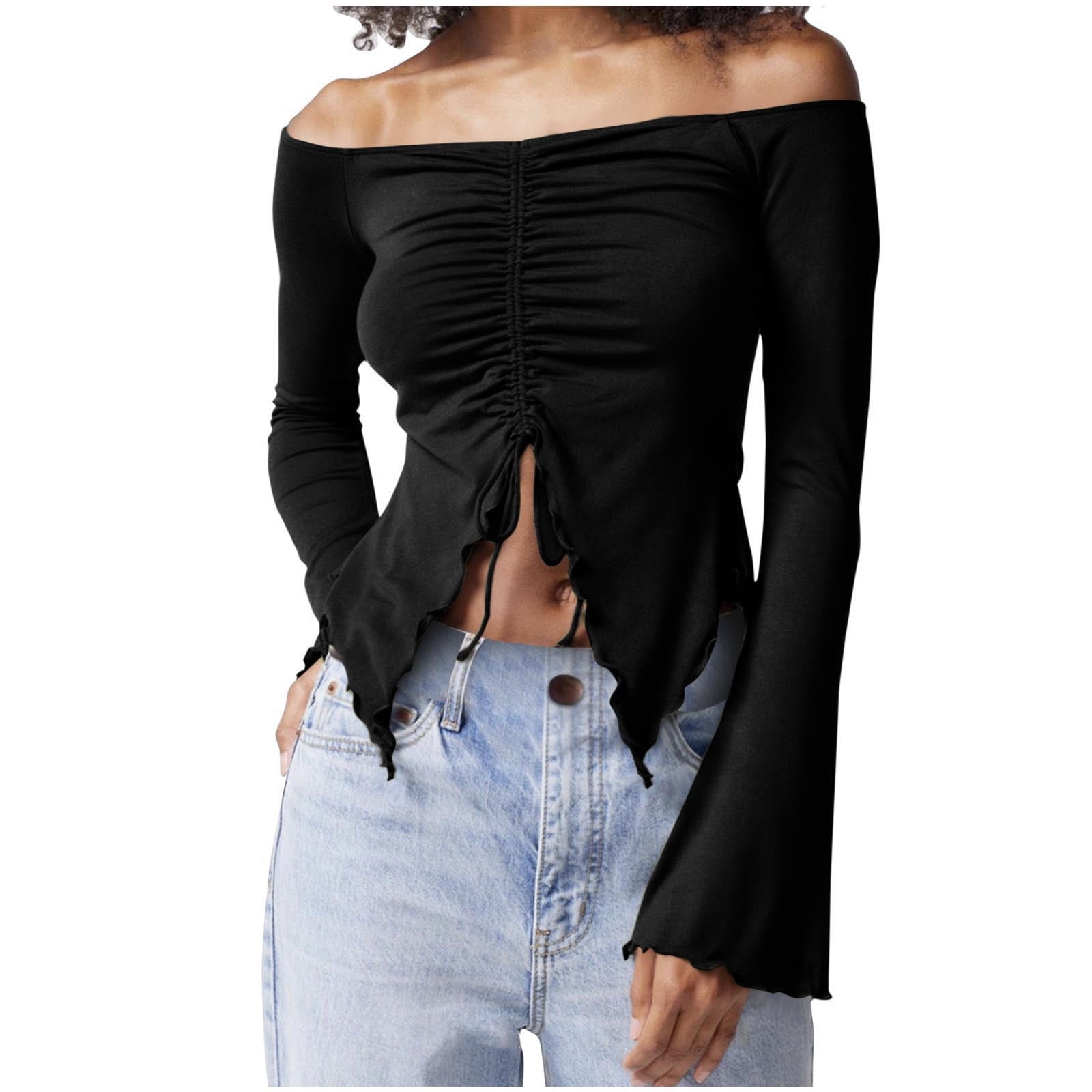 安いそれに目立つ Off Sleeve Long Women's Shoulder Fit Slim Ruffled Drawstring トップス
