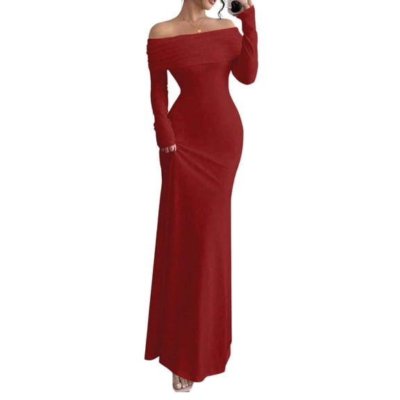 Women's Long Sleeve Off Shoulder Dress, Tailored Fit Elegant Gown for Cocktail Party and Formal Wear
