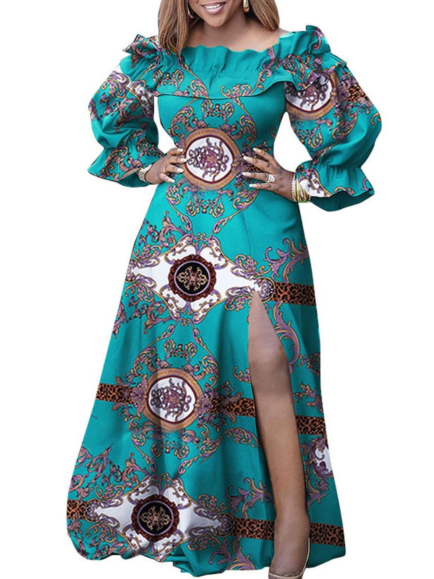 Women's Long Sleeve Off Shoulder High Slit Tunic Dress Vintage Printed  Ruffled Maxi Dresses - Walmart.com
