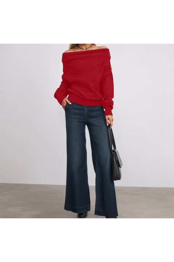 Women's Long Sleeve Off Shoulder Pullover Sweater Loose Fit Red Sweaters Women Warm Womens Cozy Sweaters