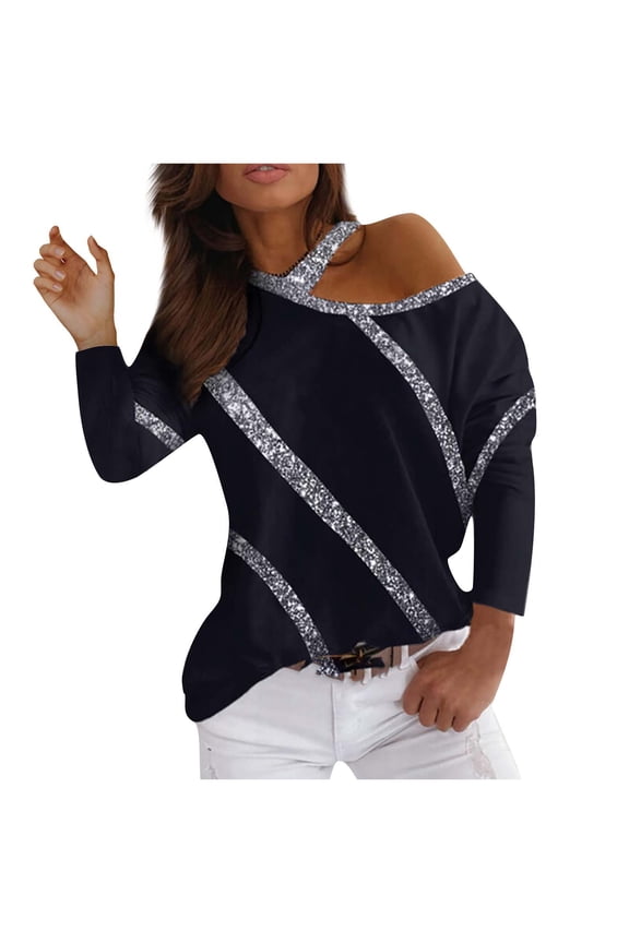 Women's Long Sleeve Off Shoulder Sexy Loose Fit Casual Pullover Bright Gold Shiny Stripes T-Shirt Top Black XXL