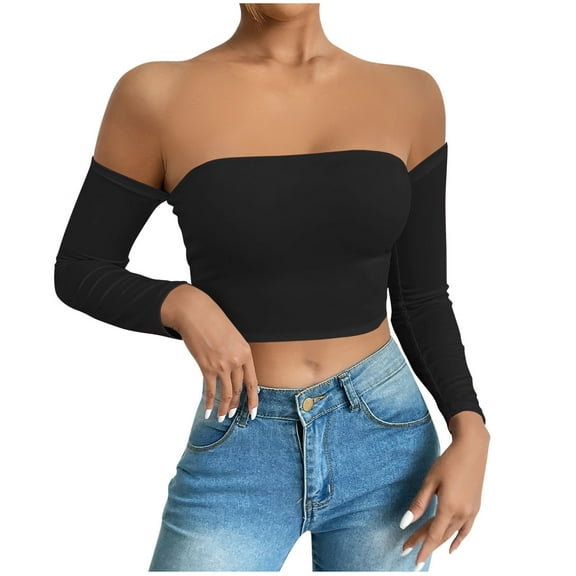 Women's Long Sleeve Off Shoulder tube T-Shirt Tops Casual Solid Color Slim Fit Sexy Blouse Tops