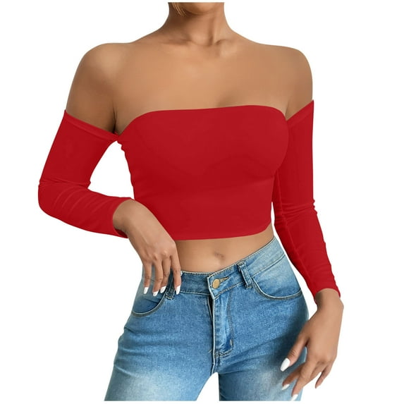 Women's Long Sleeve Off Shoulder tube T-Shirt Tops Casual Solid Color Slim Fit Sexy Blouse Tops