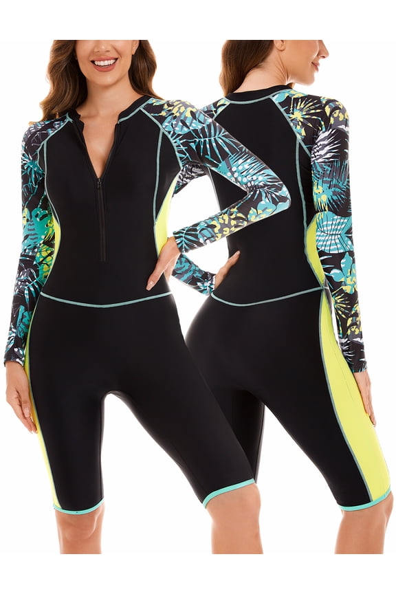 Women’s Long Sleeve One Piece Swimsuit Boyleg Dive Skin Rashguard Printed Surfing Bathing Suit