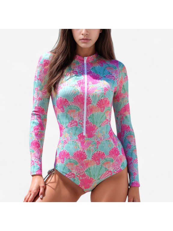 Women's Long Sleeve One Piece Swimsuit with Zip Front and Fan Shell Print - Medium, Pink