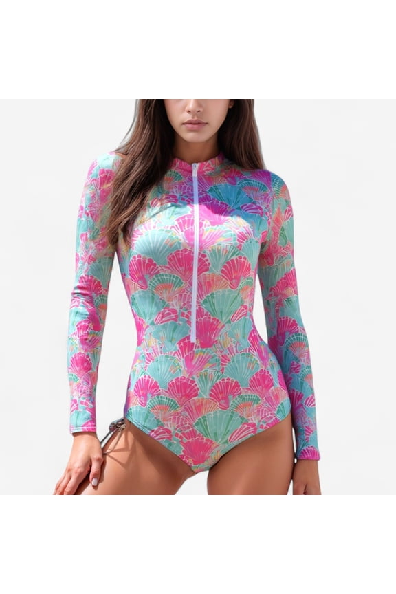 Women's Long Sleeve One Piece Swimsuit with Zip Front and Fan Shell Print - Medium, Pink