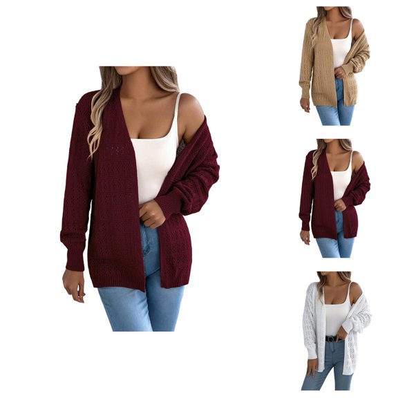Women's Long Sleeve Open Front Cardigan Solid Color Hollow Out Knit Sweater Coat Casual Boho Loose Fit Mid Length Outerwear Cardigan Sweaters for Women