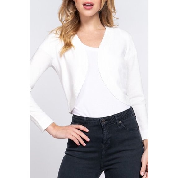 Women's Long Sleeve Open Front Scallop Finished Sweater Bolero