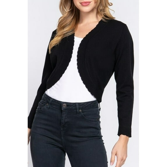 Women's Long Sleeve Open Front Scallop Finished Sweater Bolero
