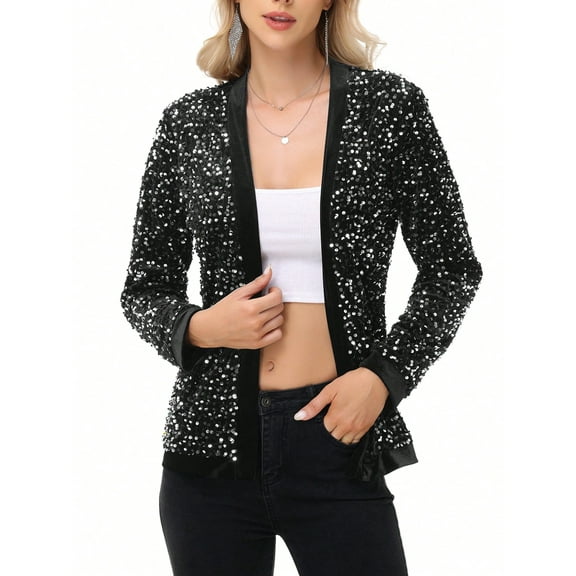 Women's Long Sleeve Open Front Sequin Jacket with Satin Trim - Large, Black and Silver