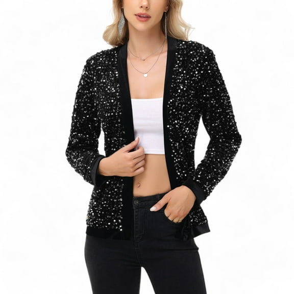 Women's Long Sleeve Open Front Sequin Jacket with Satin Trim - Large, Black