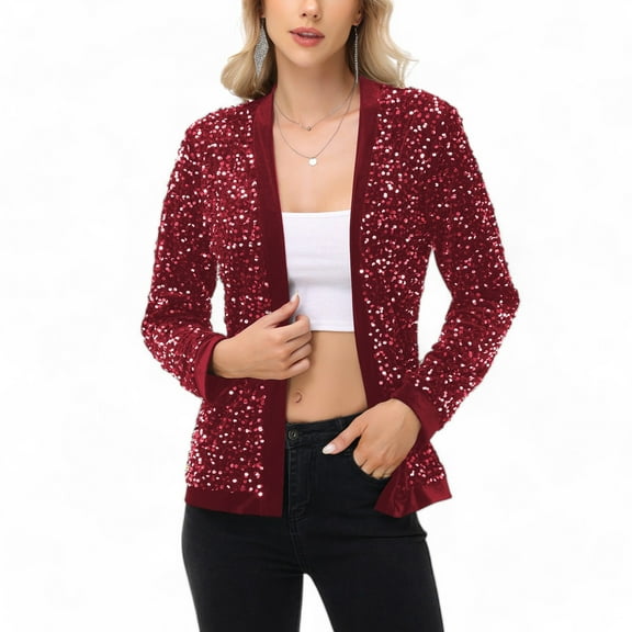 Women's Long Sleeve Open Front Sequin Jacket with Satin Trim - Small, Burgundy