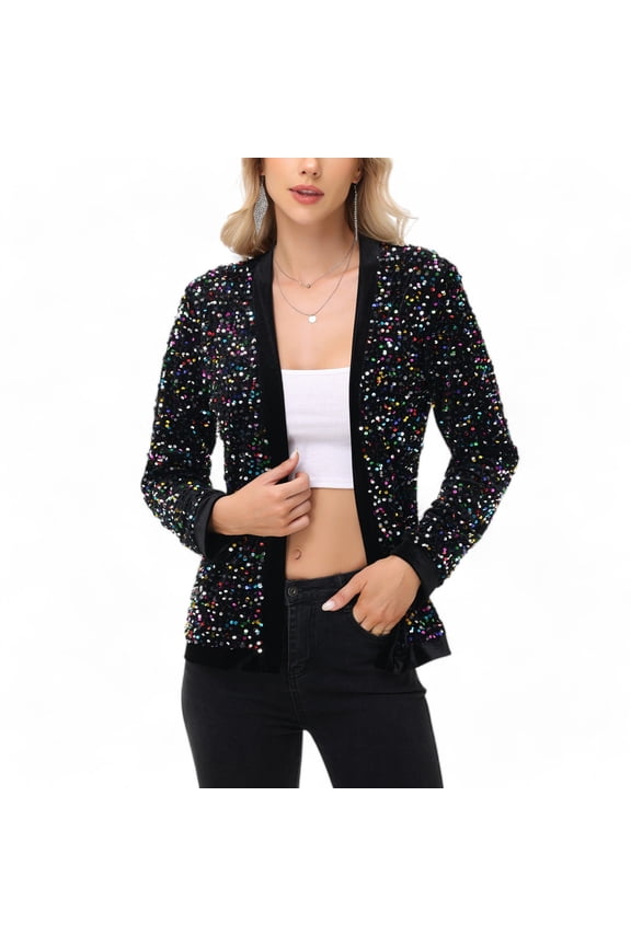 Women's Long Sleeve Open Front Sequin Jacket with Satin Trim - Small, Candy